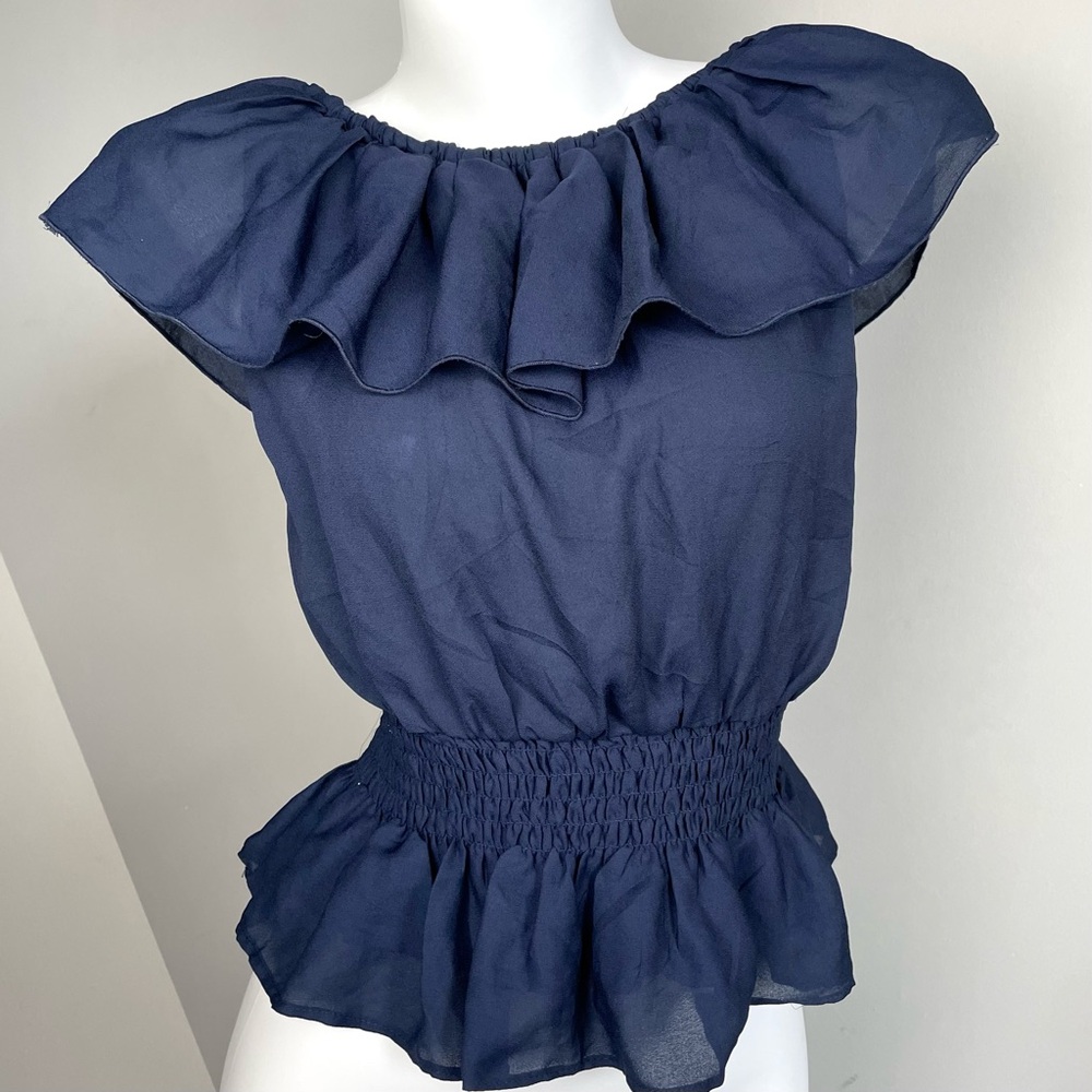 Navy Ruffles Shirred Blouse - Picture 2 of 5